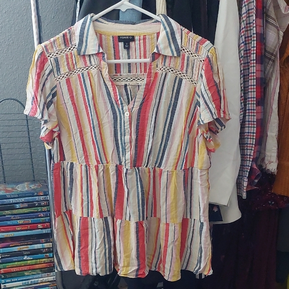 Torrid-1 Collared Tiered Babydoll Top Blouse Shirt Henley Large Stripes - Picture 1 of 8